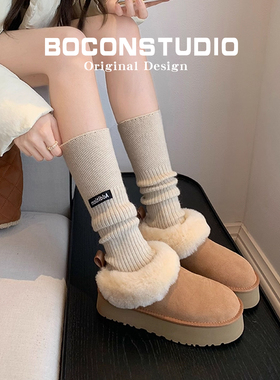 油叽叽~真皮羊毛雪地靴女冬季加绒加厚保暖棉鞋厚底增高短筒靴子