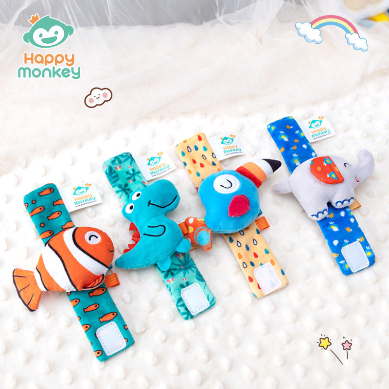 Happy monkey婴儿手腕带摇铃玩具宝宝卡通动物手表带新生儿礼物