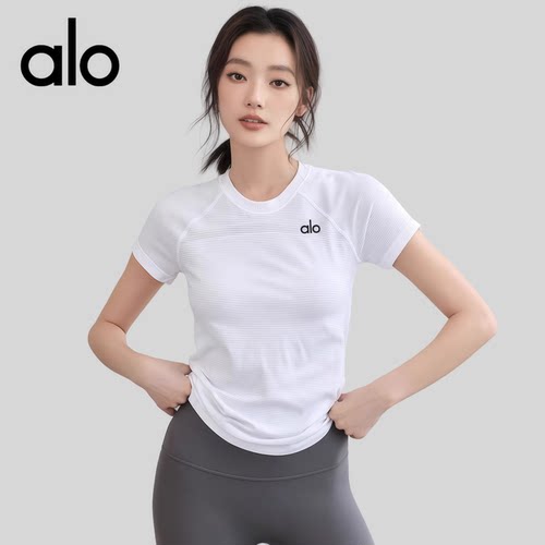 Alo夏季透气薄款运动健身短袖速干衣女瑜伽服跑步训练上衣显瘦T恤