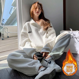 华夫格加绒加厚运动套装女2023秋冬季学生韩版宽松时尚休闲两件套