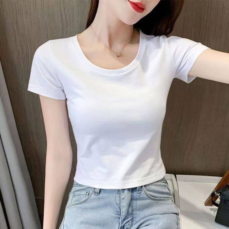 纯棉短袖t恤女2025夏季新款高腰修身显瘦百搭纯色休闲短款上衣潮
