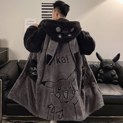 男士睡衣秋冬季珊瑚绒加绒加厚冬天青少年睡袍男法兰绒浴袍家居服