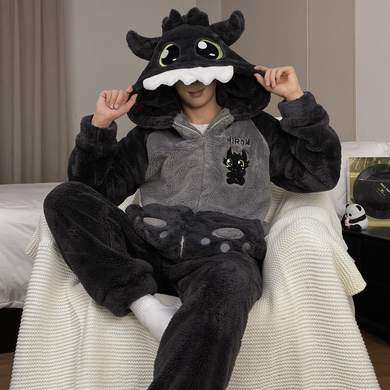 拉链珊瑚绒睡衣男款秋冬季长袖加厚加绒卡通学生法兰绒家居服套装