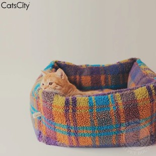 通用猫床宠物垫子秋冬保暖 CatsCity彩色羊羔绒格子猫窝可拆洗四季