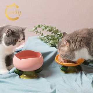 Camily含苞绽放陶瓷碗猫碗宠物花朵高脚食盆猫咪饭碗水碗保护颈椎