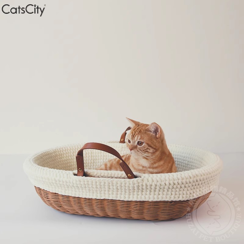 CatsCity原创手工藤编椭圆大号布偶缅因猫窝秋保暖冬猫床四季通用