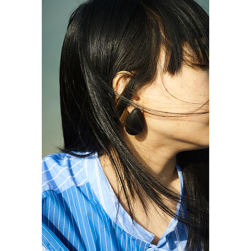 不费力穿戴黑色从不单调原创设计黑檀木水滴造型雕刻肌理纯银耳钉