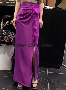 2026春夏新款设计感褶皱半身裙女紫色高腰开叉系带中长款显瘦百搭