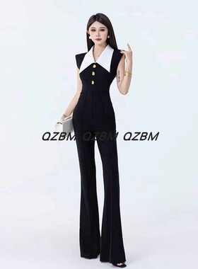 2026春夏新款通勤风黑色无袖翻领连体裤女高腰修身显瘦阔腿裤时尚