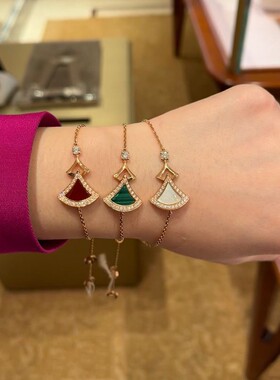 扇形孔雀石手链白贝母扇子925纯银镀18k玫瑰金手环轻奢百搭时尚