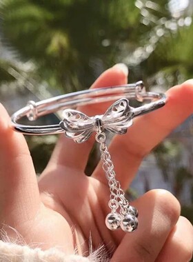 在逃公主纯银手镯9999双环实心足银蝴蝶结铃铛正品手环送女友闺蜜