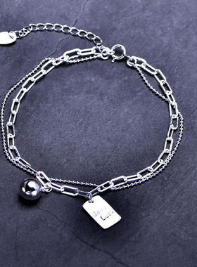 999纯银手链双层链圆球方牌足银正品女时尚个性网红日韩防过敏潮