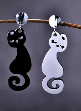 s990纯银耳钉防过敏小众设计感耳环可爱俏皮显脸小耳饰黑白猫耳坠