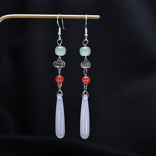 古道云梯 999纯银中国风祥云耳坠女旗袍古风水滴耳环长款足银耳饰