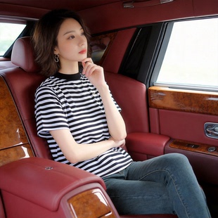 粗条纹半高领短袖T恤女2026年新款字母刺绣宽松洋气太太春夏半袖