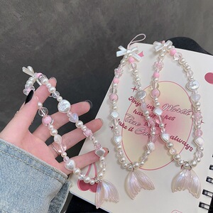 温柔感少女粉鱼尾手机链diy手工手链挂饰通用所有手机壳ins手腕带