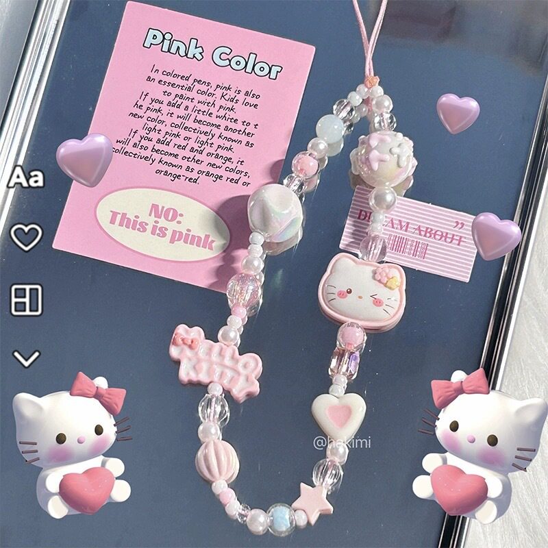 原创串珠KITTY猫粉色三丽鸥手绘可爱手机链ccd防丢相机绳挂链装饰