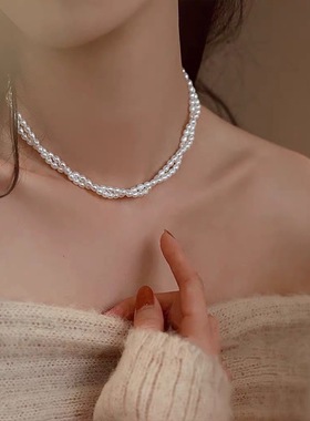 新品遮甲状腺疤痕颈纹韩系天然珍珠项链手工编织缠绕麻花锁骨链