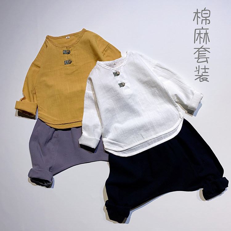 宝宝软糯透气文艺清新女孩棉麻风T恤上衣pp裤婴儿男童春夏长袖套