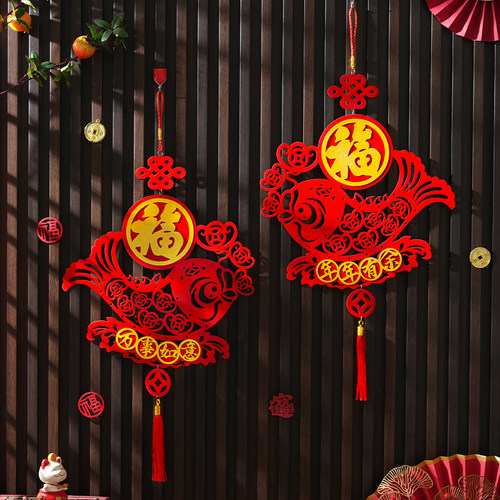 2026新年加厚镂空扇形平安福字植绒立体挂件灯笼马年福字装饰