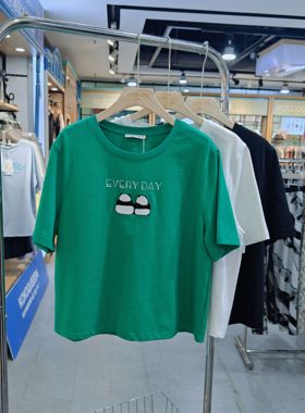 清仓雅可夏款100纯棉双纱T恤圆领宽松短袖衫刺绣时尚休闲23673