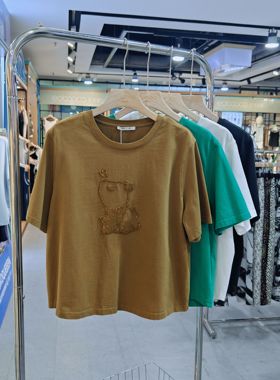 清仓雅可夏款女士100纯棉双纱T恤圆领宽松短袖衫刺绣亮片23672