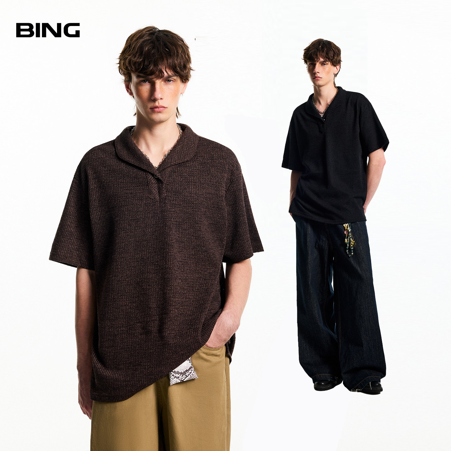 BING 肌理感短袖T恤男士2026年夏季新款复古POLO领老钱风正肩上衣