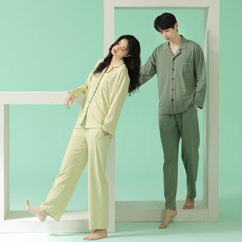 情侣睡衣女春秋新款莫代尔棉开衫长袖大码男款简约家居服宽松套装