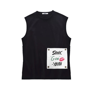 复古朋克摇滚sonic youth goo口红印贴布印花纯棉无袖坎肩背心T恤