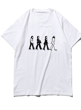 经典复古摇滚乐队披头士abbey road低调极简线条图案短袖纯棉T恤