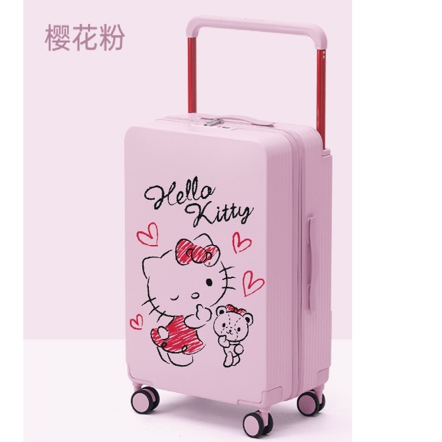新款宽拉杆行李箱子男女中高大学生儿童小孩杯架登机旅行粉色KT猫