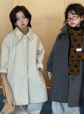 韩系翻领毛呢大衣女童中长款灰色双面羊毛呢外套冬季新款