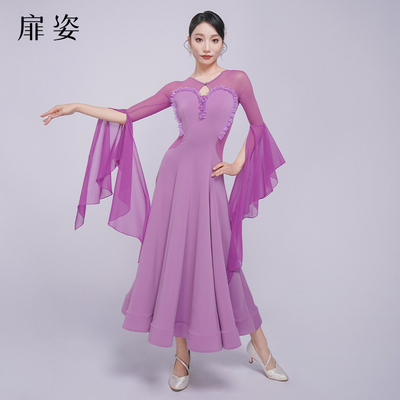 扉姿 摩登舞连衣裙新款飘逸交谊舞表演裙专业显瘦大摆练功裙F3053