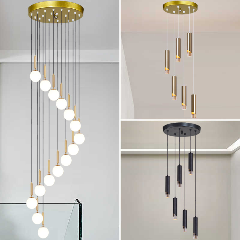 北欧现代简约轻奢复式公寓别墅客厅楼梯间长吊灯高空旋转楼梯吊灯