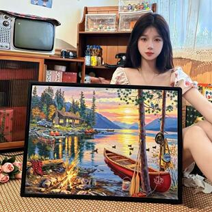 湖边日落1000片拼图带相框解压益智玩具可配带相框礼物