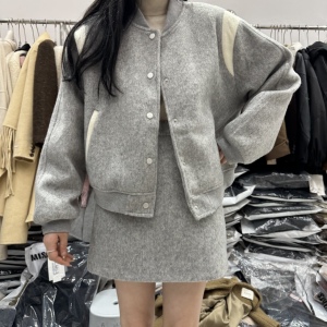 美式毛呢棒球套装女2023冬羽绒棒球服+高腰A字毛呢半身裙套裙