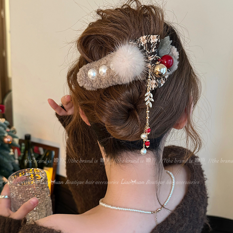 森系甜美毛绒发夹女后脑勺盘发