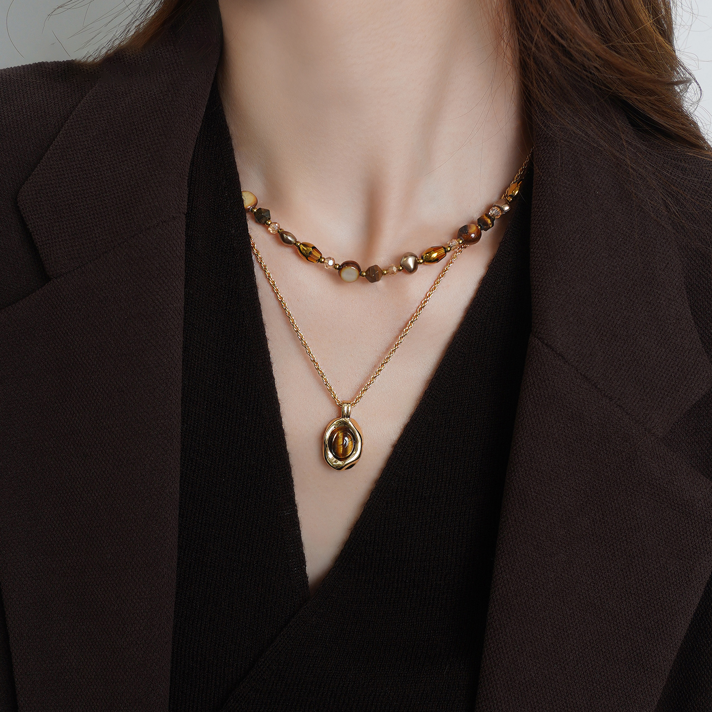 美拉德色系~复古虎眼石串珠项链