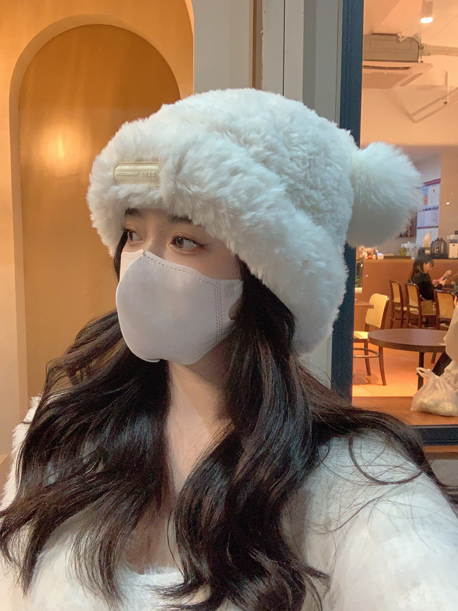 可爱小熊耳朵毛线帽子女冬季加厚保暖毛绒软糯糯可爱大头围针织帽