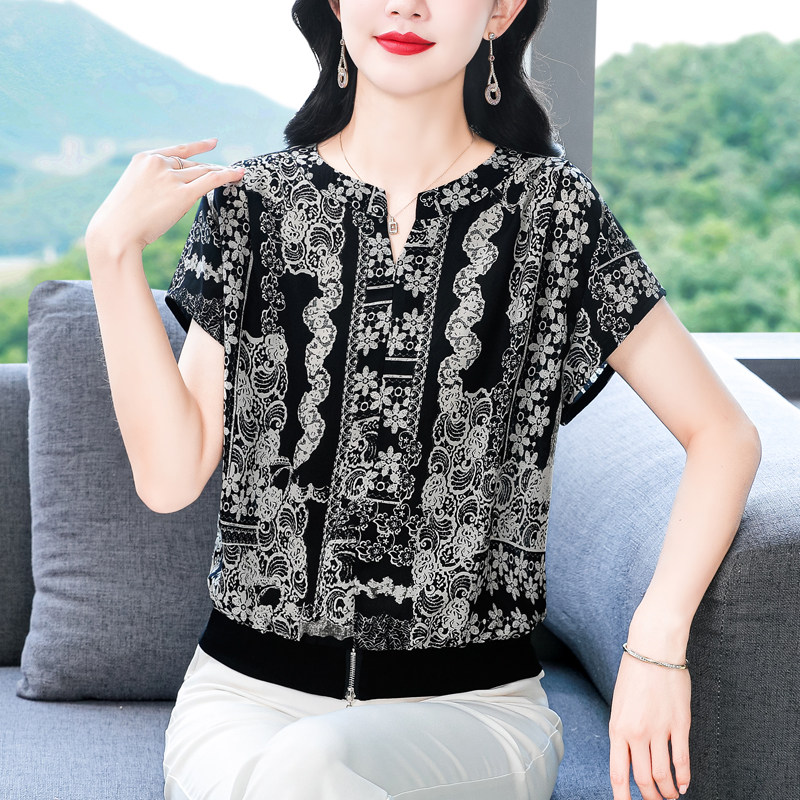 大码女装遮肉显瘦蝙蝠袖雪纺上衣中年妈妈装宽松碎花短袖T恤夏季
