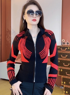 春季欧美撞色时尚运动拉链针织开衫2024新品修身气质干练毛衣上衣