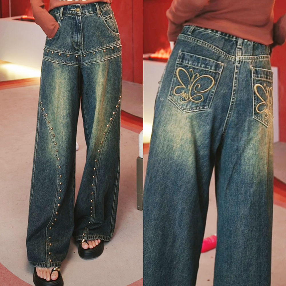 柯米儿2023秋冬新款时尚休闲复古铆钉牛仔裤小众设计阔腿裤20045