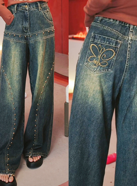 柯米儿2023秋冬新款时尚休闲复古铆钉牛仔裤小众设计阔腿裤20045