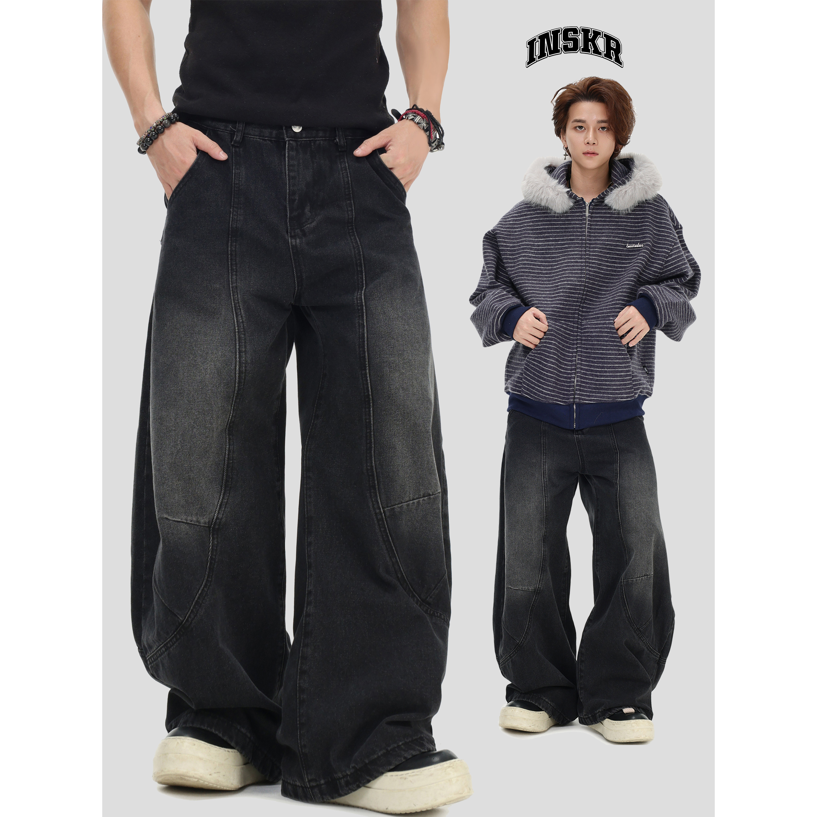 【INSKR】国潮牌美式复古拼接磨白弯刀牛仔裤宽松阔腿拖地长裤男,男装,牛仔裤,淘宝优惠券,粉丝福利购,淘宝优惠卷