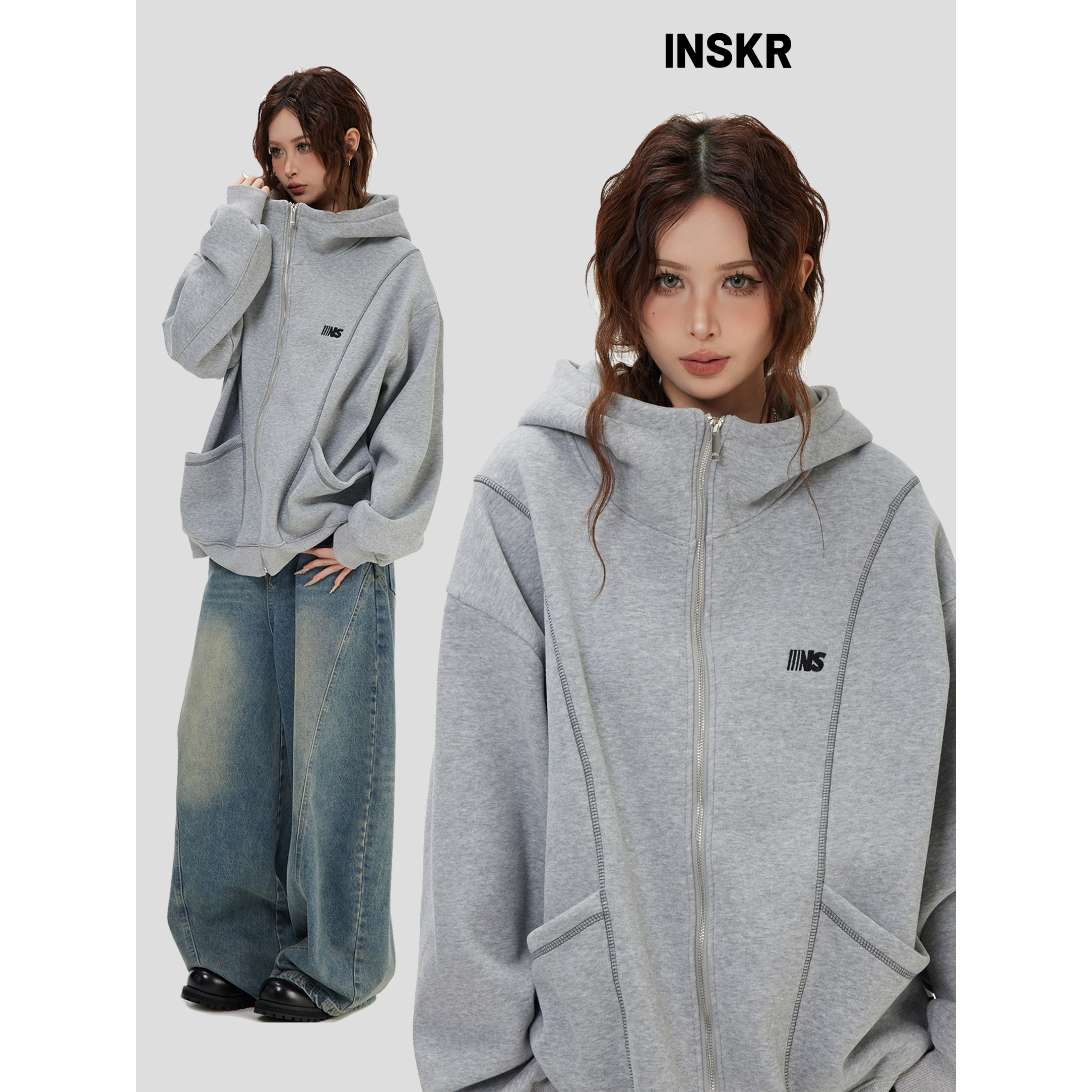 【INSKR】国潮美式「辑明线廓形高领连帽卫衣」加绒拉链外套男女,男装,卫衣,淘宝优惠券,粉丝福利购,淘宝优惠卷