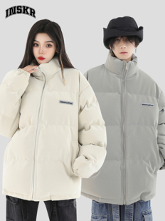 情侣美式 国潮牌冬季 胶标纹理感棉服宽松棉衣PU皮外套女 INSKR