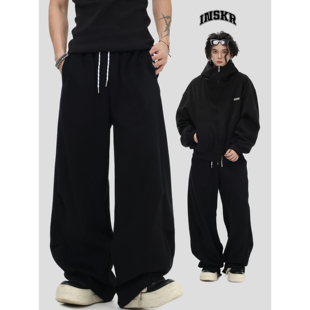 【INSKR】国潮情侣美式百搭小logo解构弯刀裤宽松运动休闲卫裤男