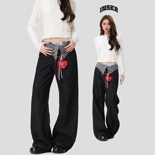 【INSKR】国潮情侣复古拼接腰果花牛仔裤宽松直筒水洗长裤子男女