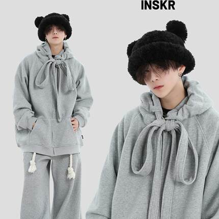 【INSKR】国潮牌情侣美式绑带设计连帽卫衣宽松加绒开衫外套男女