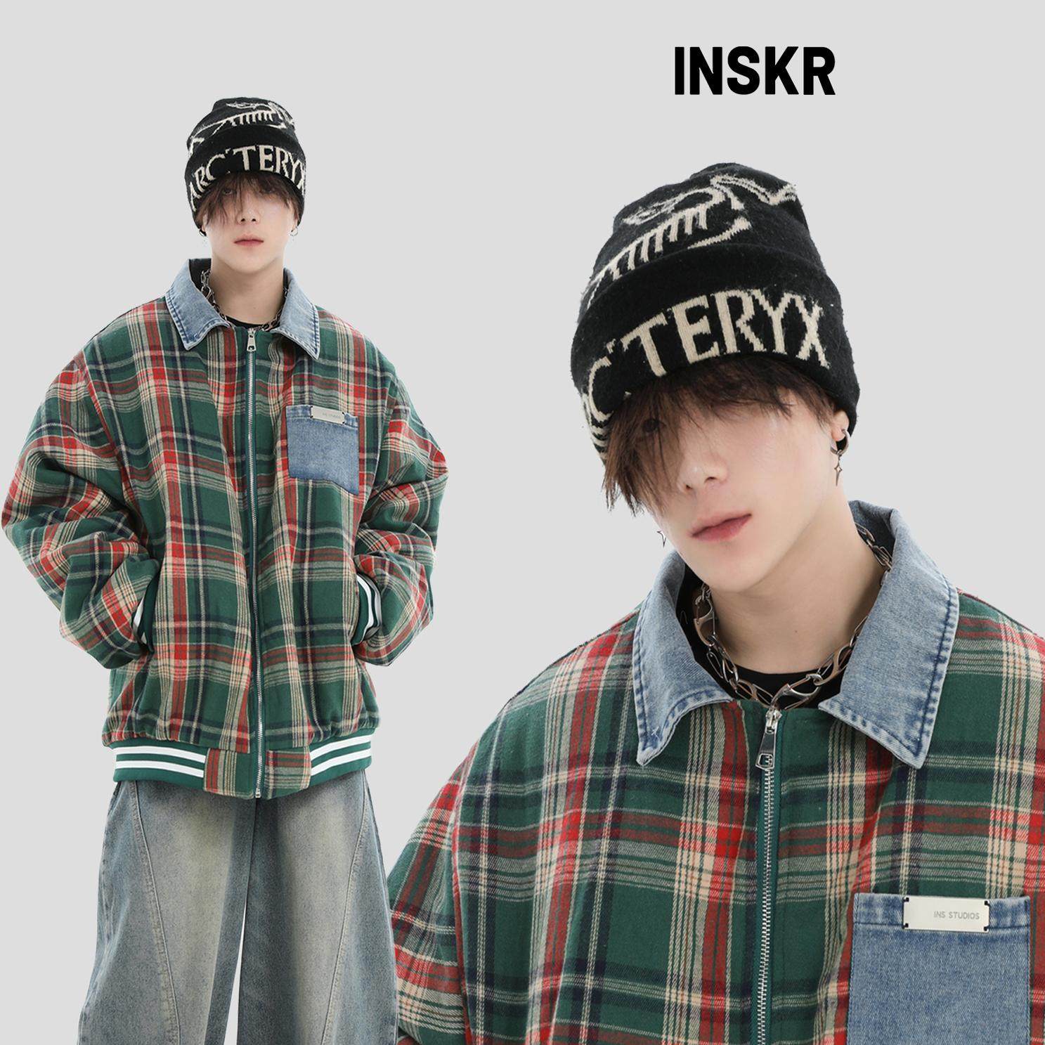 【INSKR】国潮牌情侣美式拼接牛仔翻领棉服外套冬季夹棉上衣男女